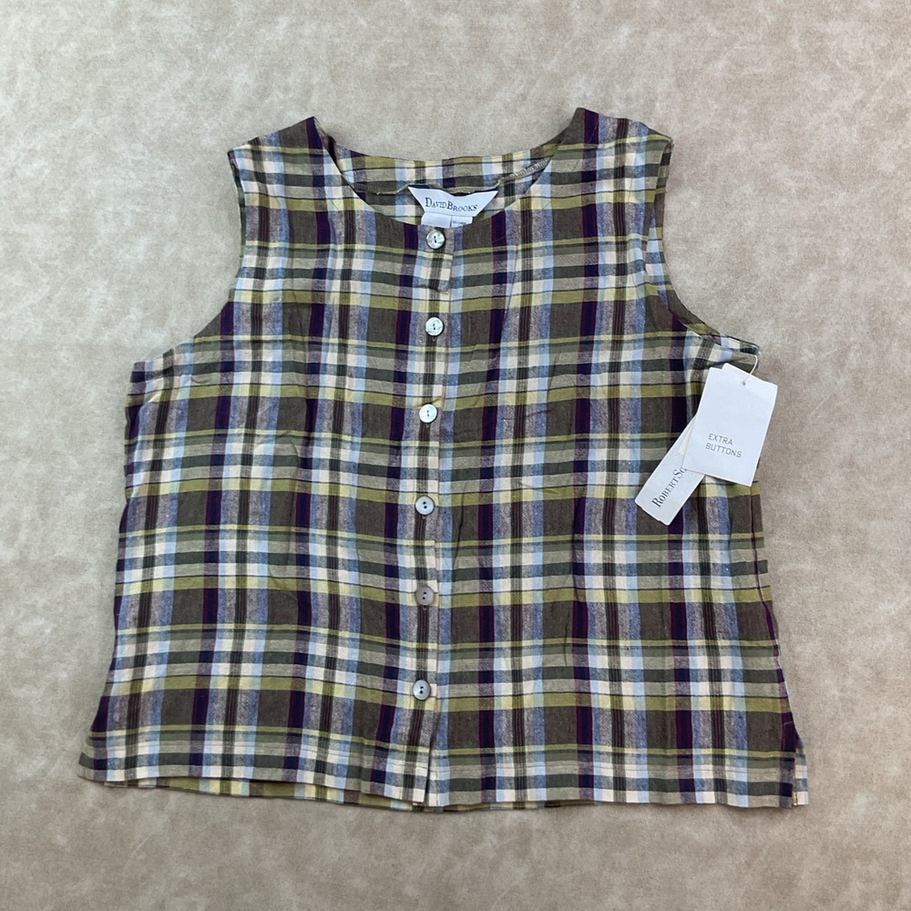 Vintage David Brooks Shirt Sleeveless Button Up Vest Plaid Linen Blend Women L - Picture 5 of 6